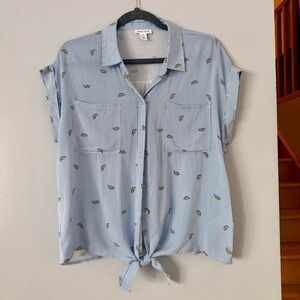Blue Striped Women's Button Down Shirt with Lemon Pattern and Front Tye